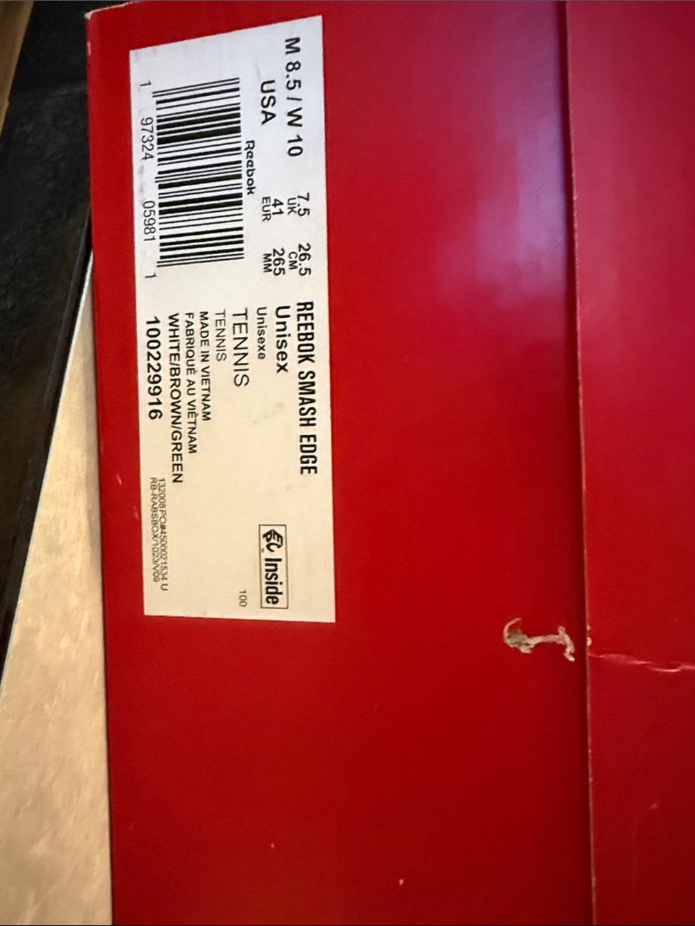 Reebok Shoe Box Lid in Bright Red with White Label